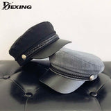 Fashion PU Leather Military Hat spring summer Wool Sailor Hat For Women Men Black  flat top  Female travel cadet hat Captain Cap