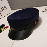 Fashion PU Leather Military Hat spring summer Wool Sailor Hat For Women Men Black  flat top  Female travel cadet hat Captain Cap