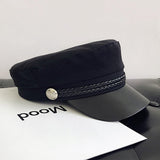 Fashion PU Leather Military Hat spring summer Wool Sailor Hat For Women Men Black  flat top  Female travel cadet hat Captain Cap