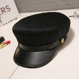 Fashion PU Leather Military Hat spring summer Wool Sailor Hat For Women Men Black  flat top  Female travel cadet hat Captain Cap