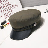 Fashion PU Leather Military Hat spring summer Wool Sailor Hat For Women Men Black  flat top  Female travel cadet hat Captain Cap