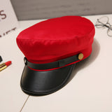Fashion PU Leather Military Hat spring summer Wool Sailor Hat For Women Men Black  flat top  Female travel cadet hat Captain Cap