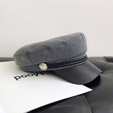Fashion PU Leather Military Hat spring summer Wool Sailor Hat For Women Men Black  flat top  Female travel cadet hat Captain Cap