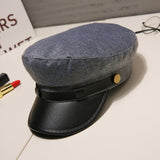 Fashion PU Leather Military Hat spring summer Wool Sailor Hat For Women Men Black  flat top  Female travel cadet hat Captain Cap