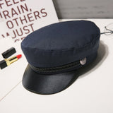 Fashion PU Leather Military Hat spring summer Wool Sailor Hat For Women Men Black  flat top  Female travel cadet hat Captain Cap