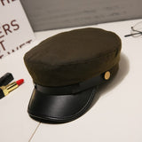 Fashion PU Leather Military Hat spring summer Wool Sailor Hat For Women Men Black  flat top  Female travel cadet hat Captain Cap