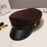 Fashion PU Leather Military Hat spring summer Wool Sailor Hat For Women Men Black  flat top  Female travel cadet hat Captain Cap