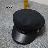 Fashion PU Leather Military Hat spring summer Wool Sailor Hat For Women Men Black  flat top  Female travel cadet hat Captain Cap