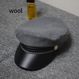 Fashion PU Leather Military Hat spring summer Wool Sailor Hat For Women Men Black  flat top  Female travel cadet hat Captain Cap