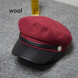 Fashion PU Leather Military Hat spring summer Wool Sailor Hat For Women Men Black  flat top  Female travel cadet hat Captain Cap