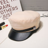Fashion PU Leather Military Hat spring summer Wool Sailor Hat For Women Men Black  flat top  Female travel cadet hat Captain Cap