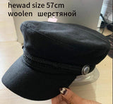 Fashion PU Leather Military Hat spring summer Wool Sailor Hat For Women Men Black  flat top  Female travel cadet hat Captain Cap